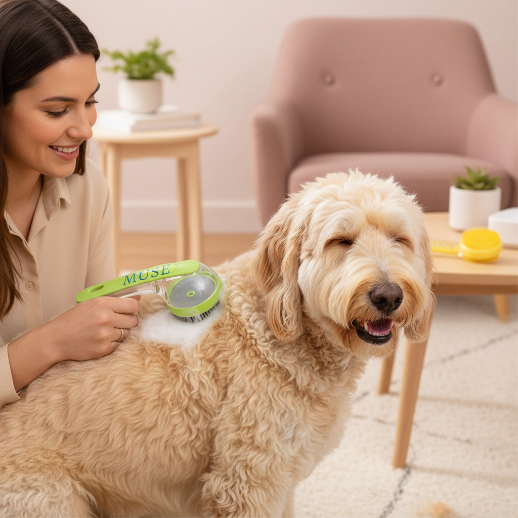 Woman using Dispensor Pet Bath Brush on a happy golden doodle dog