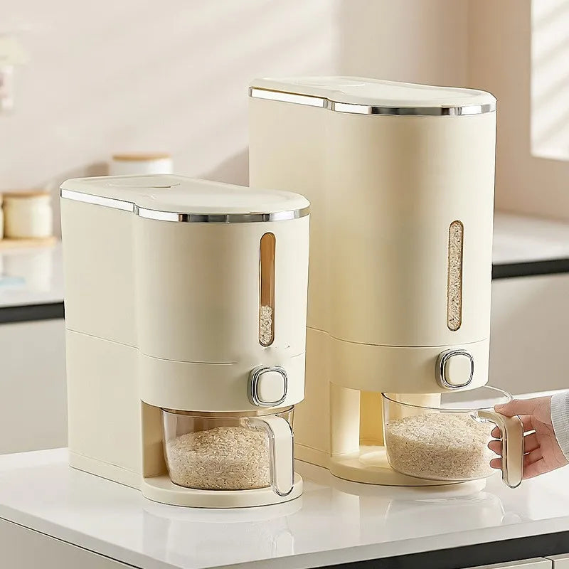 MUSE & MINT beige Japanese-style minimalist pet food storage container with press-button portion control dispenser, suitable for storing dog and cat dry food.