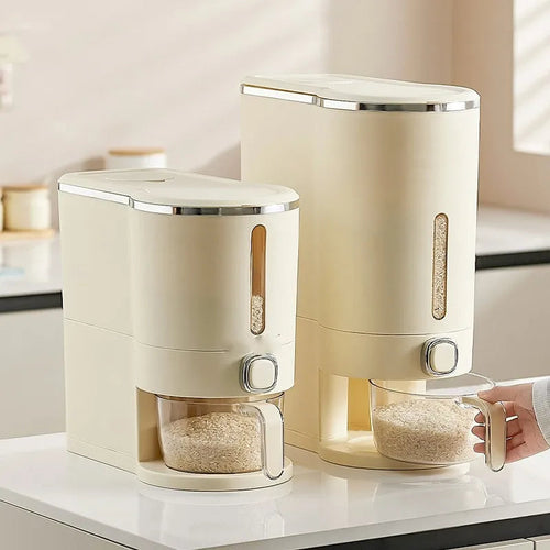 MUSE & MINT beige Japanese-style minimalist pet food storage container with press-button portion control dispenser, suitable for storing dog and cat dry food.